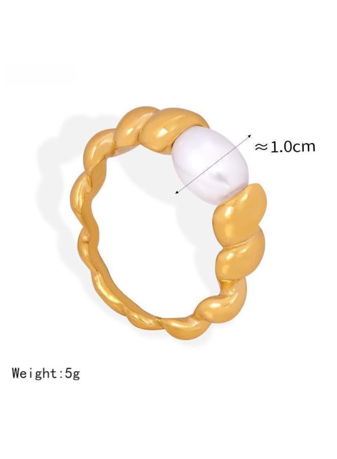 Hong Kong Style Personalized Elegant Twist Gradient Ring Female Titanium Steel Plated 8k Gold Inlaid Freshwater Pearl Index Finger Ring
