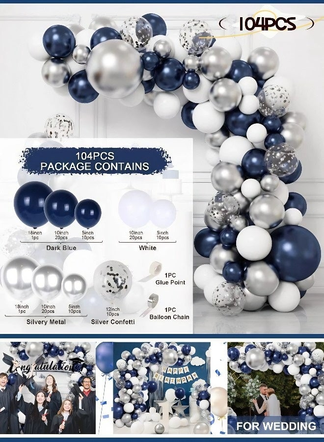 104-piece navy blue, silver, and white celebration arch set | Latex metallic silver confetti balloon garlands, perfect for Saudi Eid al-Fitr, weddings, National Day, birthday party backdrops, and more. - Image 1