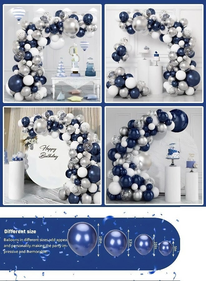 104-piece navy blue, silver, and white celebration arch set | Latex metallic silver confetti balloon garlands, perfect for Saudi Eid al-Fitr, weddings, National Day, birthday party backdrops, and more. - Image 4