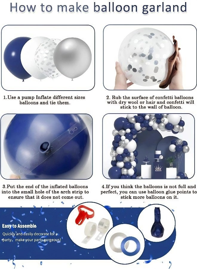 104-piece navy blue, silver, and white celebration arch set | Latex metallic silver confetti balloon garlands, perfect for Saudi Eid al-Fitr, weddings, National Day, birthday party backdrops, and more. - Image 5