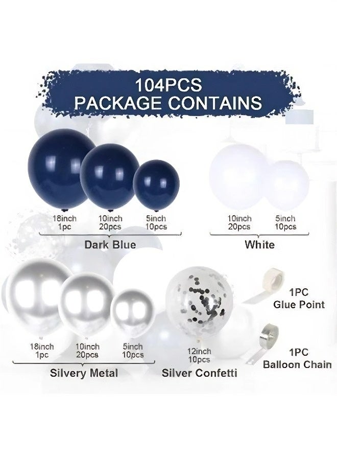 104-piece navy blue, silver, and white celebration arch set | Latex metallic silver confetti balloon garlands, perfect for Saudi Eid al-Fitr, weddings, National Day, birthday party backdrops, and more. - Image 3