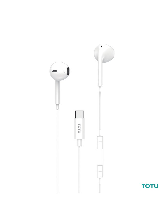 Totu Type-C Wired Earphones with Mic (1m, White) – HiFi Sound Quality, Semi In-Ear USB-C Headphones with Inline Playback Controls-White - Image 1