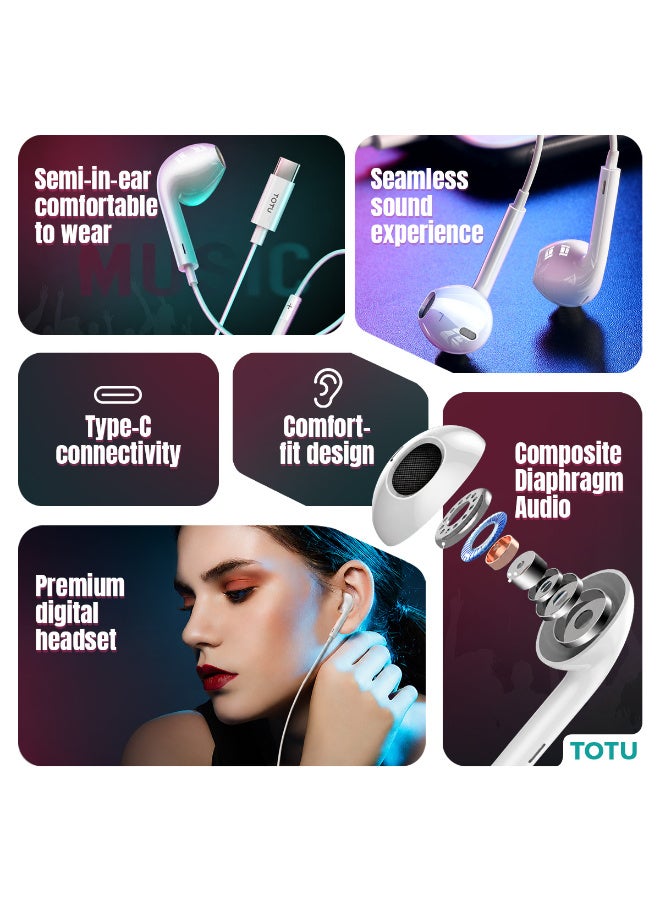 Totu Type-C Wired Earphones with Mic (1m, White) – HiFi Sound Quality, Semi In-Ear USB-C Headphones with Inline Playback Controls-White - Image 2