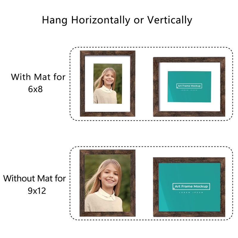 Picrit 9x12 Picture Frame Set of 4  Made of High Definition Real Glass  Display 6x8 with Mat or 9x12 Without Mat  Photo Frames for Wall Mounting or Table Top Display  Brown - Image 2