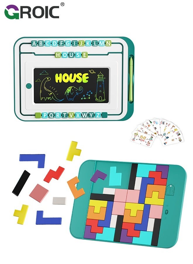 GROIC 3-in-1 LCD Writing Tablet and Magnetic Drawing Board, English Word Spelling, Tetris Puzzle Blocks, Writing Tablet LCD Drawing Tablet Board Game, Erasable Doodle Board Educational Toys  - Image 1