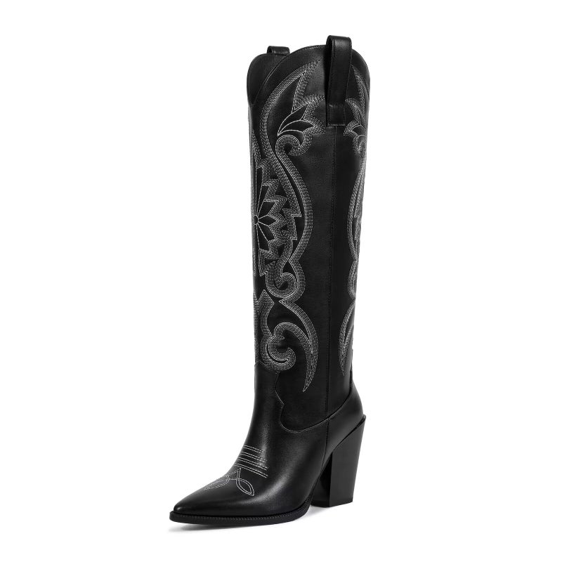 ISNOM Black Cowgirl Boots Cowboy Boots for Women Knee High Vintage Embroidery Pointed Toe Western Boots - Image 1
