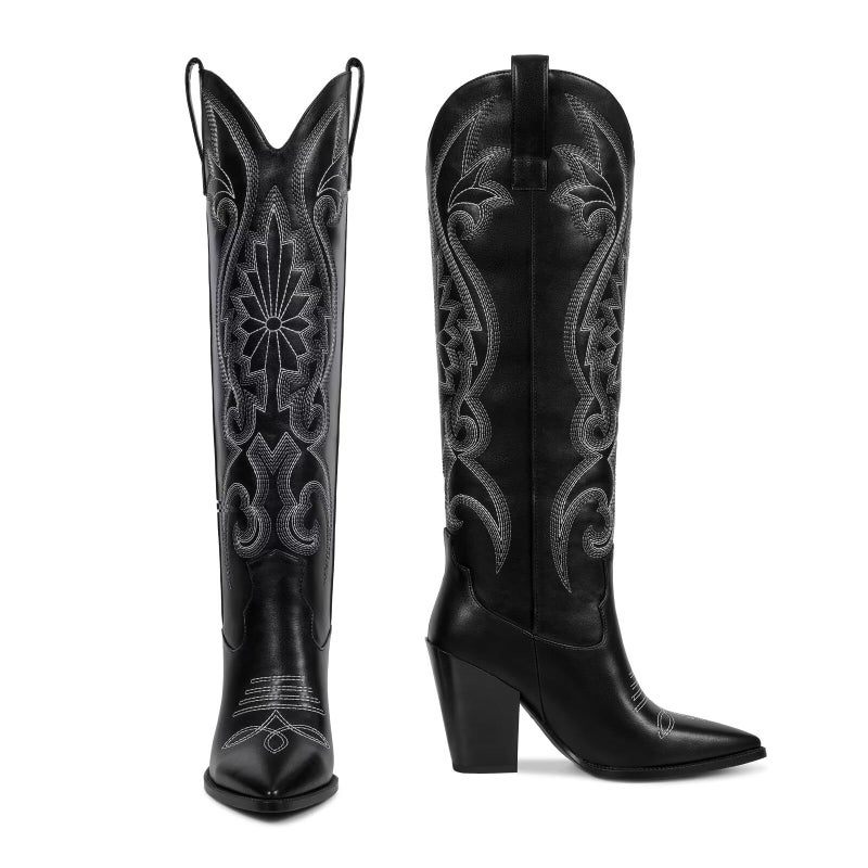 ISNOM Black Cowgirl Boots Cowboy Boots for Women Knee High Vintage Embroidery Pointed Toe Western Boots - Image 5