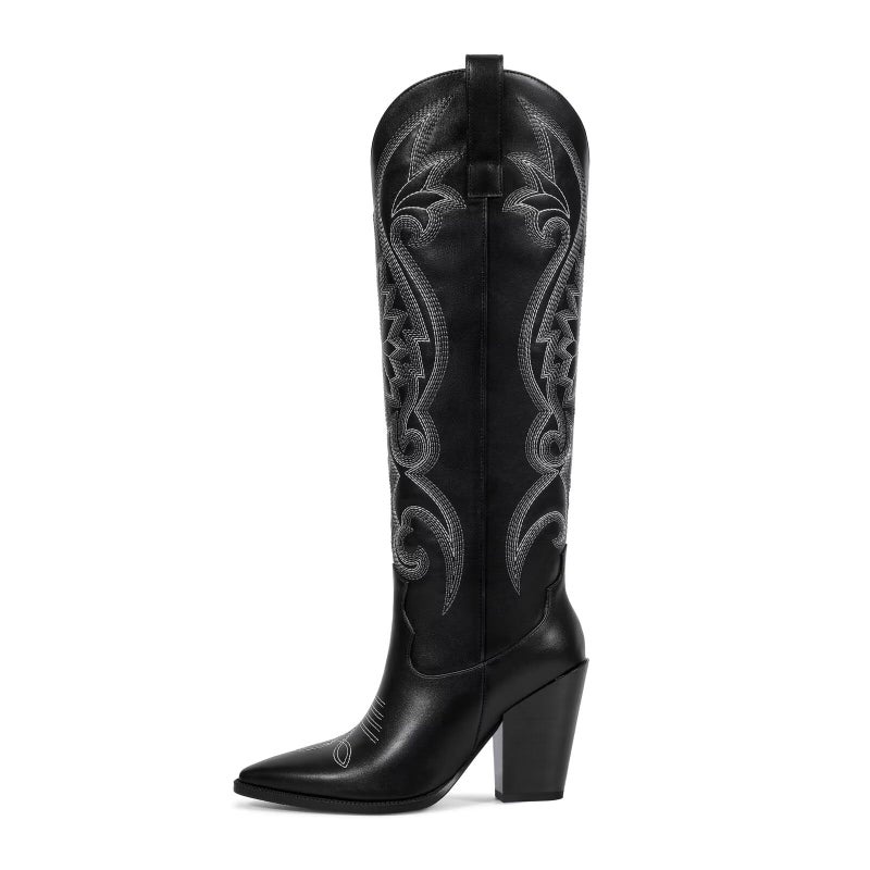 ISNOM Black Cowgirl Boots Cowboy Boots for Women Knee High Vintage Embroidery Pointed Toe Western Boots - Image 4