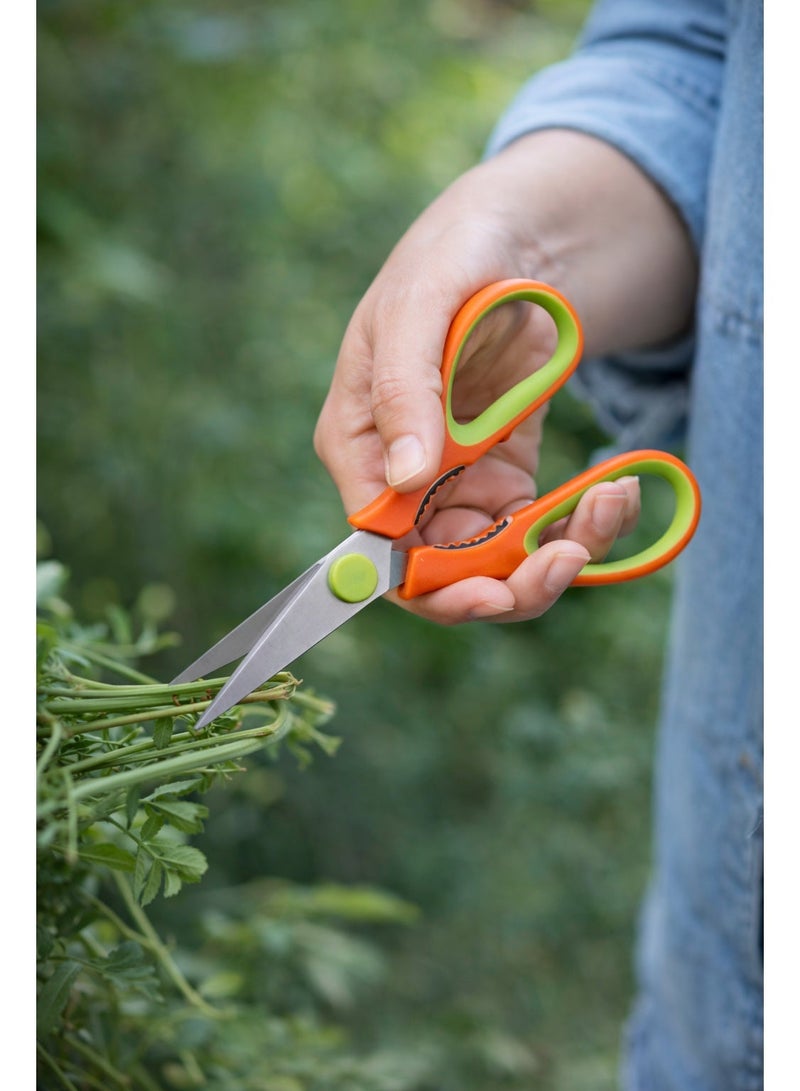 Multipurpose Stainless Steel Kitchen Scissors with Protective Cover - Orange & Green | Heavy Duty Food Shears for Meat, Herbs & Vegetables - Image 2