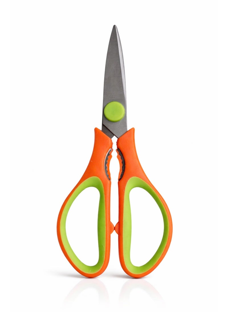 Multipurpose Stainless Steel Kitchen Scissors with Protective Cover - Orange & Green | Heavy Duty Food Shears for Meat, Herbs & Vegetables - Image 1