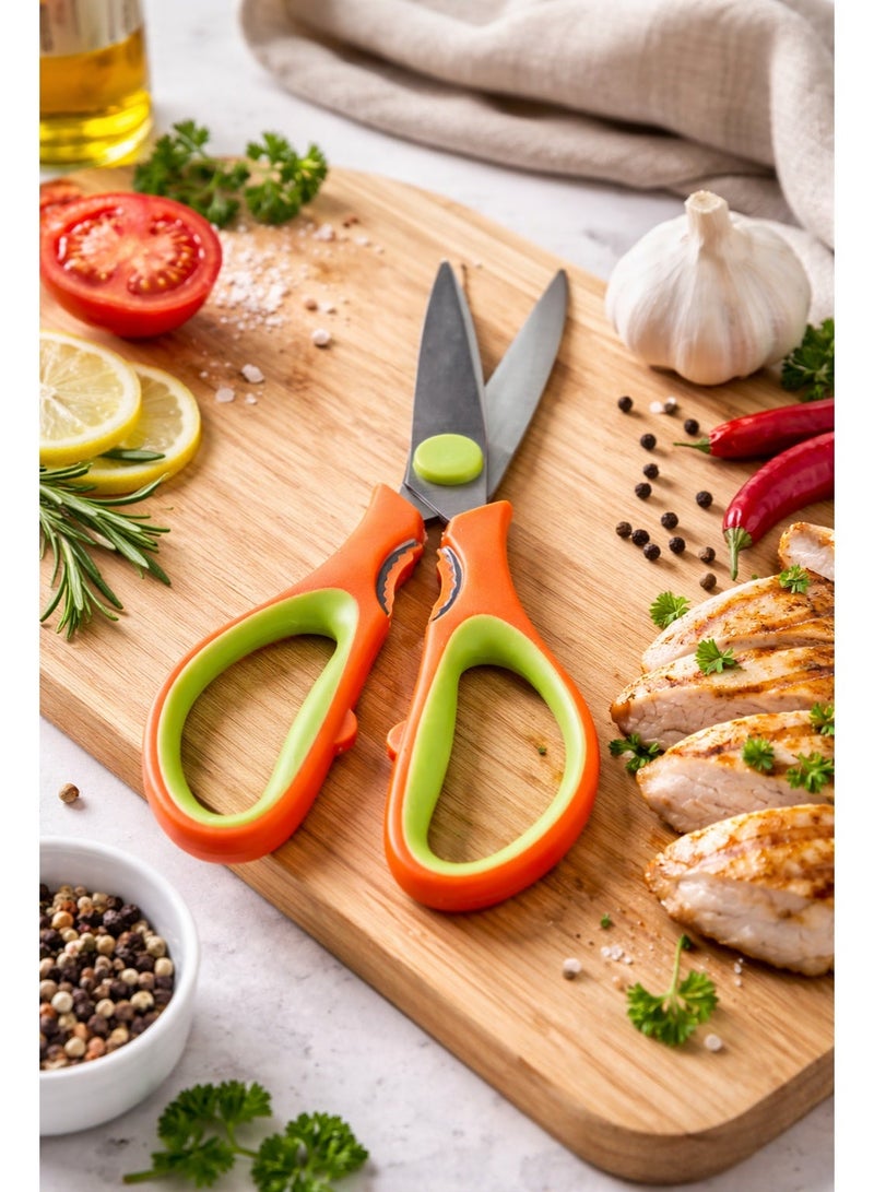 Multipurpose Stainless Steel Kitchen Scissors with Protective Cover - Orange & Green | Heavy Duty Food Shears for Meat, Herbs & Vegetables - Image 3