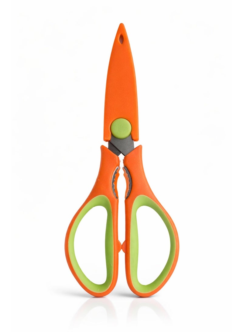 Multipurpose Stainless Steel Kitchen Scissors with Protective Cover - Orange & Green | Heavy Duty Food Shears for Meat, Herbs & Vegetables - Image 4