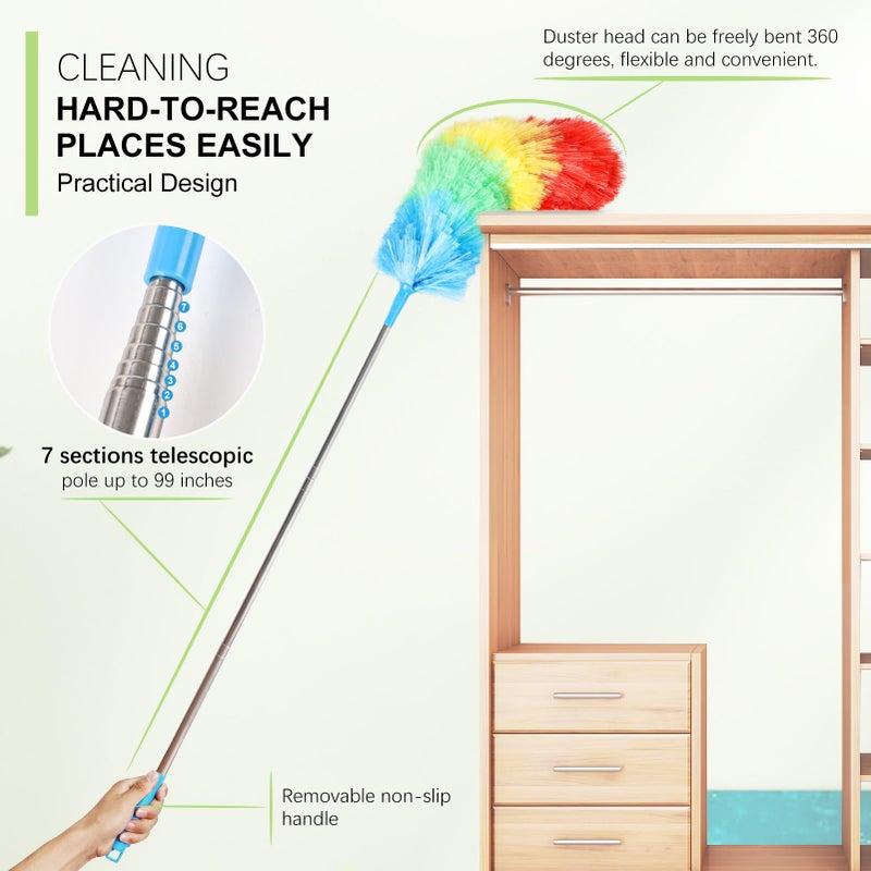 iHUFeather Rainbow Extendable Static Duster Reusable Microfiber Duster with 100" Telescoping Pole, Beandable and Washable Dusters Head for Cleaning Ceiling, Fan, Furniture - Image 3