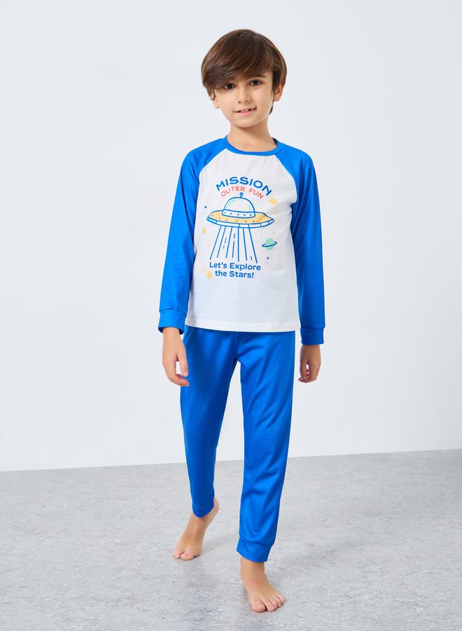Styli Blue Graphic Print Long Sleeve T-Shirt and Pyjama Set - Image 1