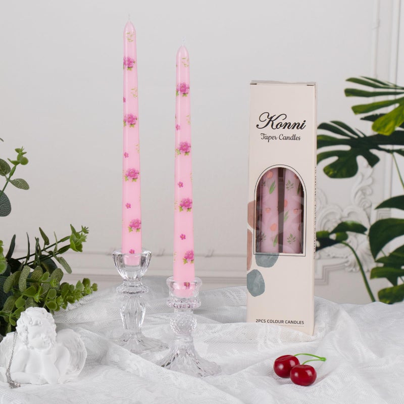 KONNI Taper Candles,10 inch 2pc Pink Tapered Candles with Peony Printed, Unscented and Smokeless Long Burning Candles,Tall Candlesticks with Cotton Wicks,Ideal for Weddings, Home DÃ©cor - Image 5