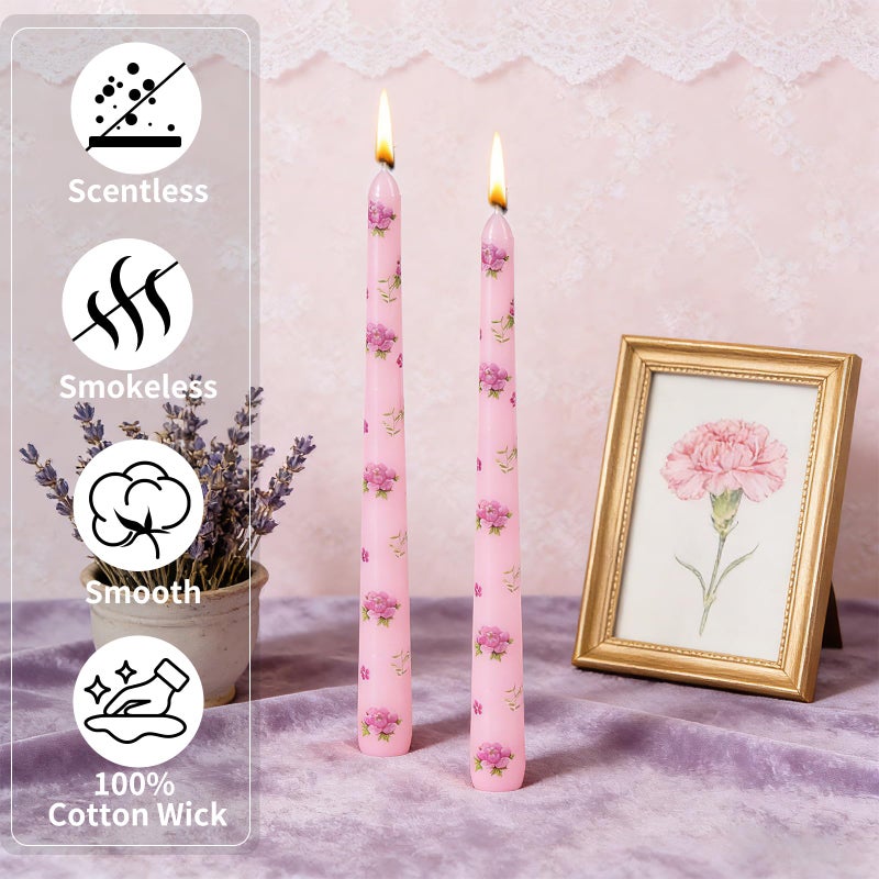 KONNI Taper Candles,10 inch 2pc Pink Tapered Candles with Peony Printed, Unscented and Smokeless Long Burning Candles,Tall Candlesticks with Cotton Wicks,Ideal for Weddings, Home DÃ©cor - Image 3