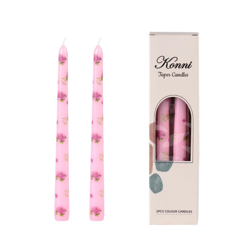 KONNI Taper Candles,10 inch 2pc Pink Tapered Candles with Peony Printed, Unscented and Smokeless Long Burning Candles,Tall Candlesticks with Cotton Wicks,Ideal for Weddings, Home DÃ©cor - Image 1