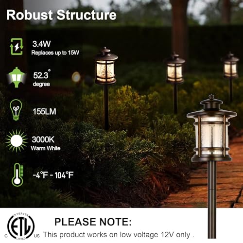 hykolity Low Voltage ORB LED Landscape Path Light with Crackled Glass Shade, 3.4W 155LM 12V-15V Wired Outdoor LED Walkway Light, Die-cast Aluminum Construction, 30-Watt Equivalent, 6 Pack - Image 2