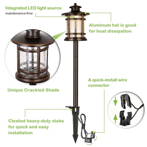 hykolity Low Voltage ORB LED Landscape Path Light with Crackled Glass Shade, 3.4W 155LM 12V-15V Wired Outdoor LED Walkway Light, Die-cast Aluminum Construction, 30-Watt Equivalent, 6 Pack - Image 3