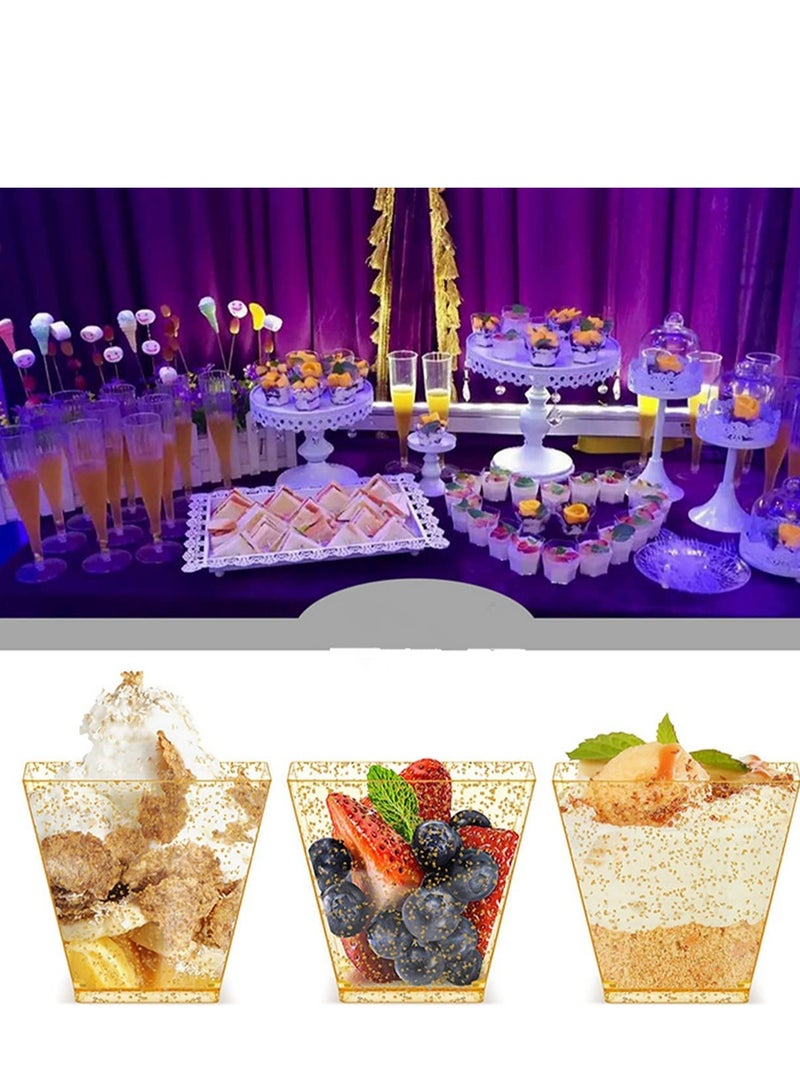 Mini Glitter Dessert Cups - 100pcs Disposable Square Plastic Cake Cups with 50 Spoons for Parties, Birthdays, and Dinner Events - 60ml Small Tasting Quartet Set.  - Image 3