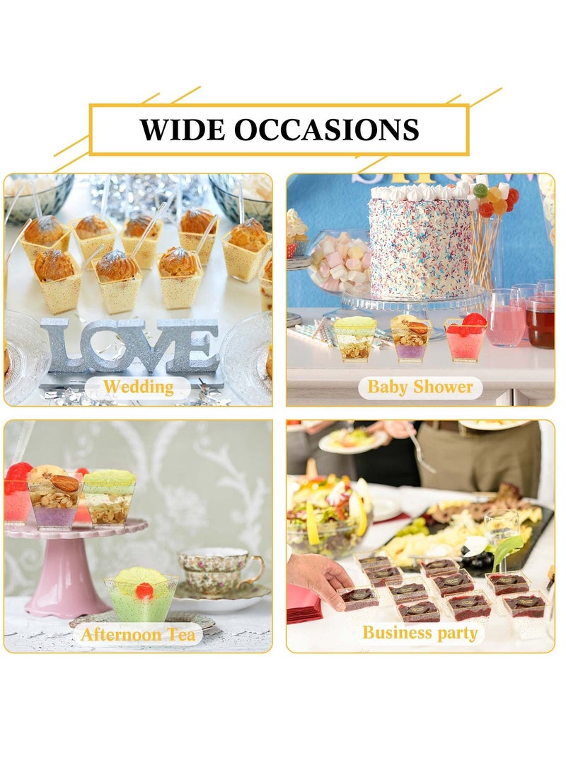Mini Glitter Dessert Cups - 100pcs Disposable Square Plastic Cake Cups with 50 Spoons for Parties, Birthdays, and Dinner Events - 60ml Small Tasting Quartet Set.  - Image 4