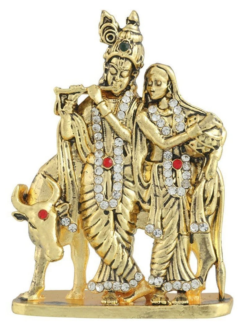 GCT Radha Krishna Idol with Cow Bansuri Krishna Idol (B-116) Gold Metal Statue for Home Décor Car Dashboard Mandir Pooja Murti Temple Puja Office Table Showpiece - Image 5