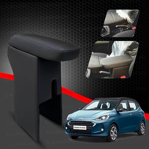 Carigiri Premium Finish Car Armrest with Storage Box And High Density Moulded Foam For Hyundai I10 Grand Nios (Models-2019-2024) (All Colours,Nappa Leatherette) (Black With Black Double Stitching) - Image 1