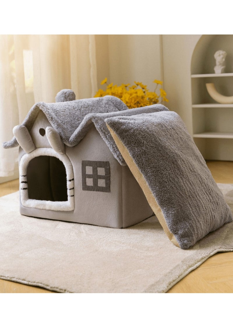 1 جهاز كمبيوتر شخصي مزدوج أعلى كرتون على شكل قابل للطي بيت الحيوانات الأليفة منزل القط الفاخرة سقف مزدوج داخلي منزل الكلب عش القط ، قابل للطي دافئ ناعم كينل ، وسادة قابلة للإزالة وغير الانزلاق أسفل ، سهلة تفكيك سرير الحيوانات الأليفة مناسبة للقطط الصغيرة والمتوسطة الحجم والكلاب للنوم في الرمادي مزدوج أعلى قابلة للغسيل بيت الحيوانات الأليفة ، سرير القط والكلب للنوم الاستخدام - Image 3
