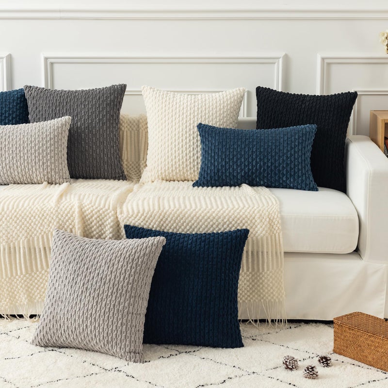 K KEVIN TEXTILE Kevin Textile Decorative Throw Pillow Cover Striped Corduroy Plush Texture Velvet Euro Cushion Cover for Bed 24 x 24 Inch (60cm) Set of 2 Cream  - Image 5