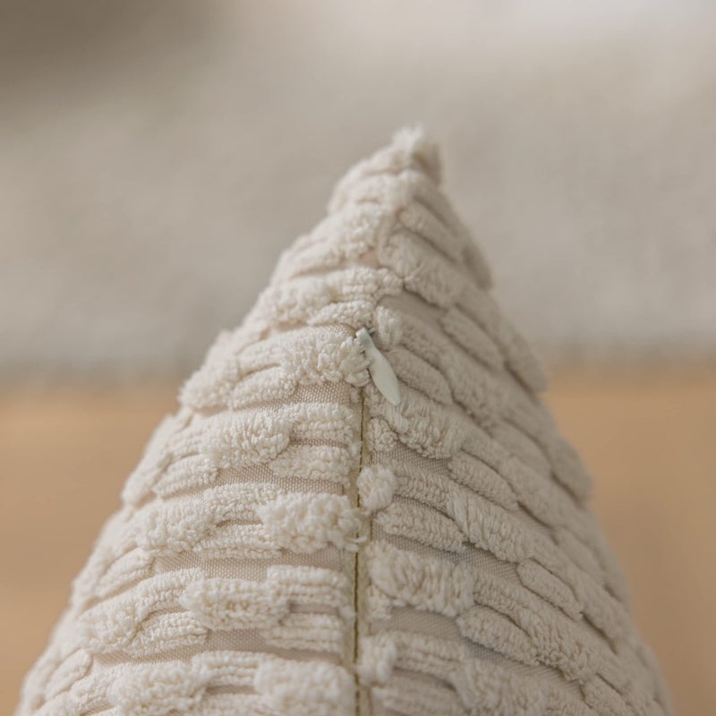 K KEVIN TEXTILE Kevin Textile Decorative Throw Pillow Cover Striped Corduroy Plush Texture Velvet Euro Cushion Cover for Bed 24 x 24 Inch (60cm) Set of 2 Cream  - Image 2