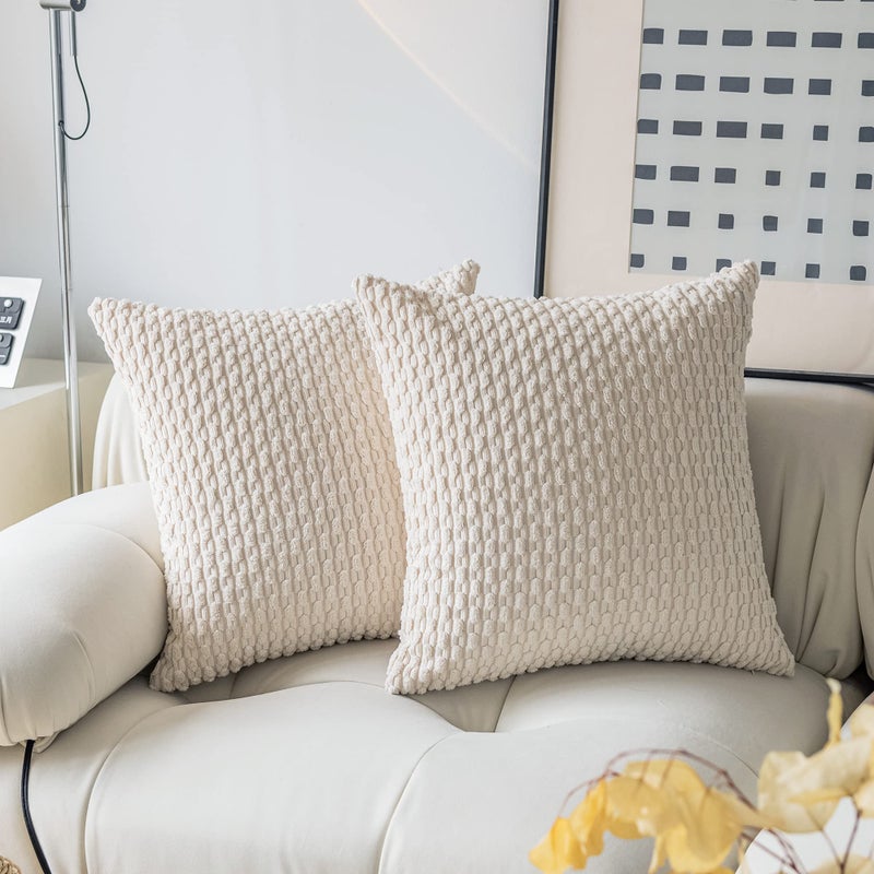 K KEVIN TEXTILE Kevin Textile Decorative Throw Pillow Cover Striped Corduroy Plush Texture Velvet Euro Cushion Cover for Bed 24 x 24 Inch (60cm) Set of 2 Cream  - Image 1