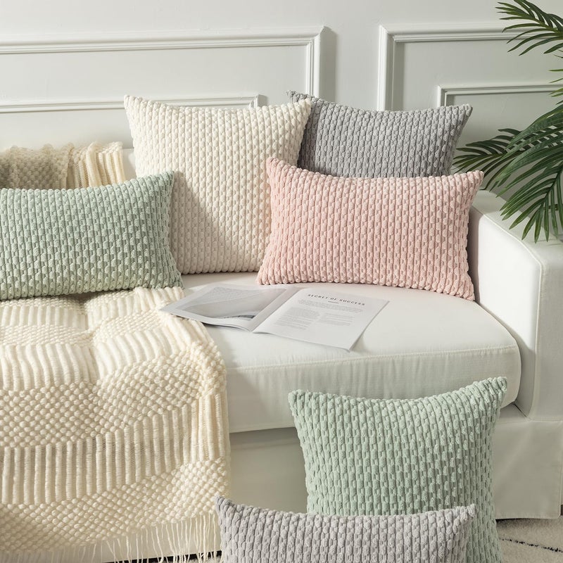 K KEVIN TEXTILE Kevin Textile Decorative Throw Pillow Cover Striped Corduroy Plush Texture Velvet Euro Cushion Cover for Bed 24 x 24 Inch (60cm) Set of 2 Cream  - Image 4