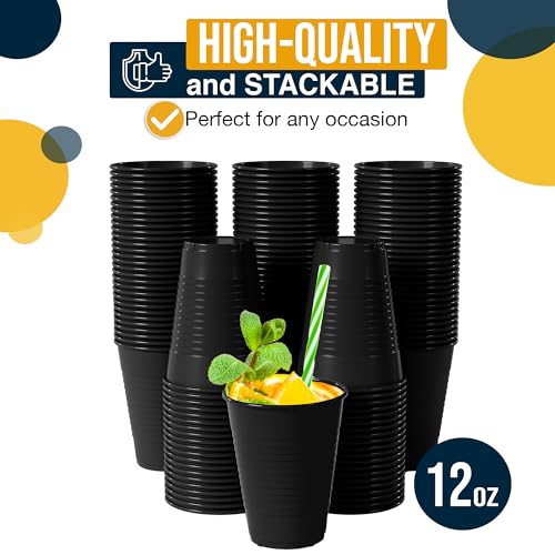 Party Solids Exquisite Party Solids 12 Oz Black Plastic Cups For Party Supplies 50 Pack | Black Disposable Cups Plastic | Disposable Drinkware For Parties, Events & Everyday - Image 3