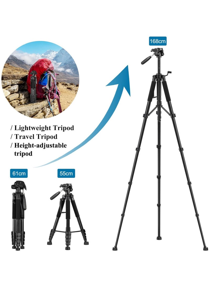 168cm Camera Tripod, Phone Tripod with Remote, Lightweight Portable Aluminum Travel Tripod for Phone/Android, Tripod for Mobile for Selfies/Live/Video Recording - Black  - Image 2