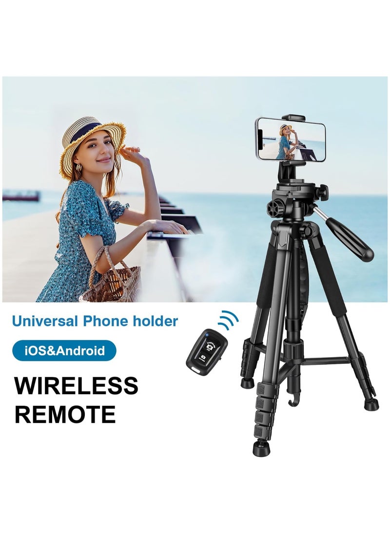 168cm Camera Tripod, Phone Tripod with Remote, Lightweight Portable Aluminum Travel Tripod for Phone/Android, Tripod for Mobile for Selfies/Live/Video Recording - Black  - Image 3