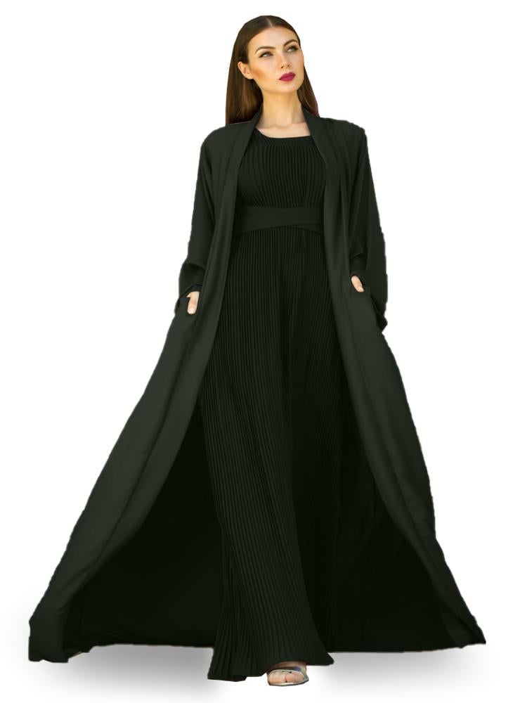 NUKHBAA Olive Green color Abaya with Inner dress- 2pcs set-602C84  - Image 1