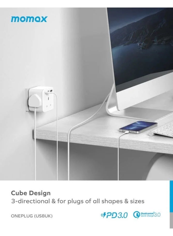 momax US8UKU ONEPLUG 20W 3-Outlet Cube Extension Socket with USB Charger -Purple - Image 2