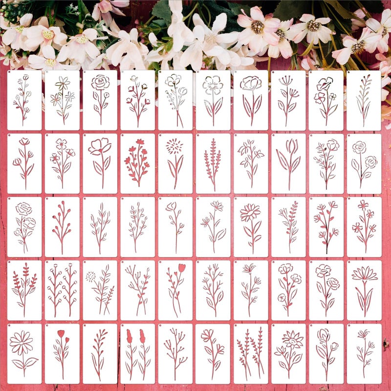 Felixcraft 50PCS Flower Stencils for Painting, Small Botanical Stencils for Crafts Reusable, Plastic Drawing Templates for Painting on Wood, Wall, Card, Scrapbooking - Image 1