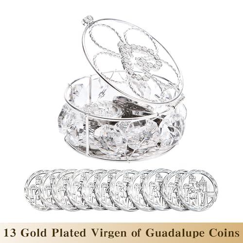 ESNOY Wedding Arras Coins Sets, Arras De Boda Catolica, Arras Para Boda Catolica Silver Gifts Box with 13 Coins Decorative Rhinestone Crystals,Arras De Boda Cristiana - Image 3
