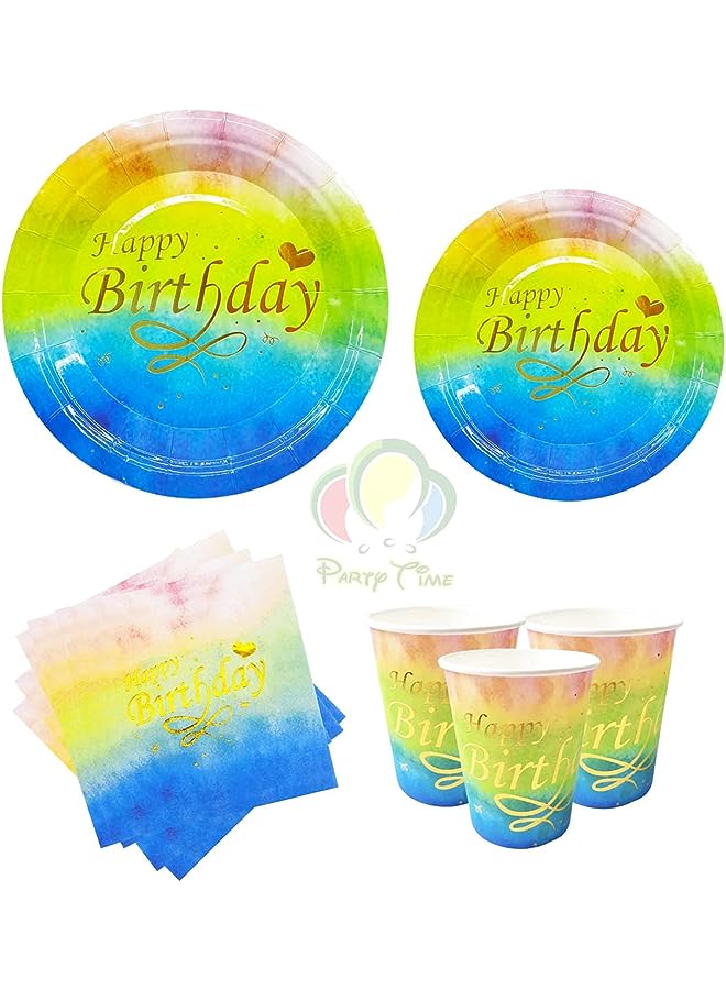 Raxoom TIME  24 Pieces Disposable Party Tableware Set - Supply Serves 6 Guest - Gold and Rainbow Paper Plates Napkins and Cups Sets for Wedding Family Gathering Parties - Image 1