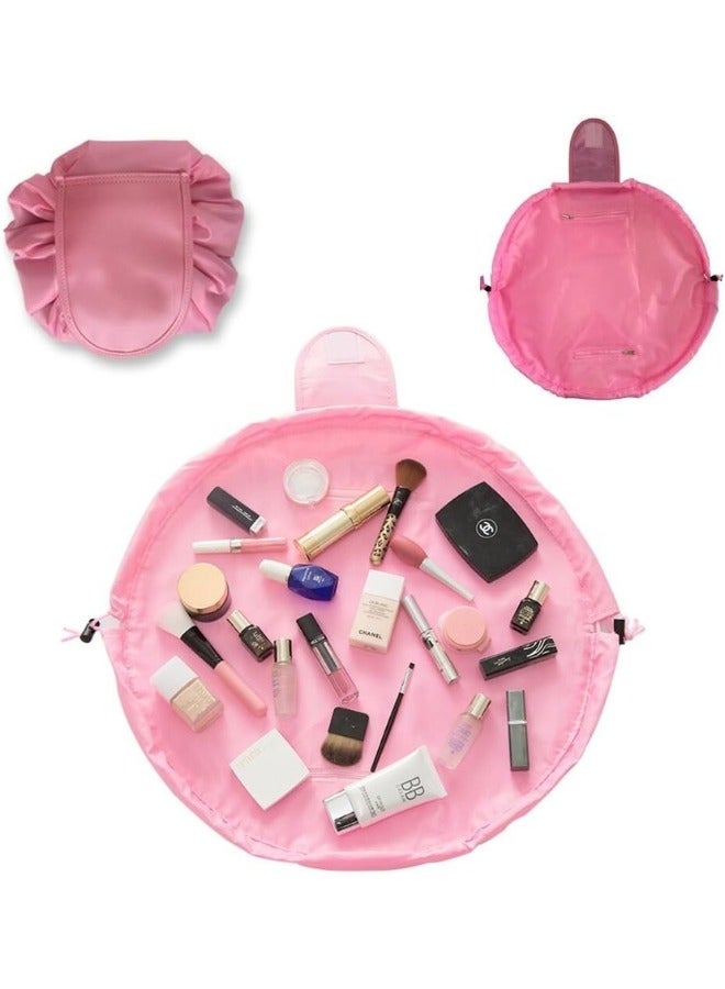 Makeup Bag Travel Drawstrings Large Cosmetic Organizer Portable Brush Holder Jewelry Bathroom Toiletry Kit Storage Waterproof Fashion with Double Zipper Pouch for Women Purse (Pink) - Image 1