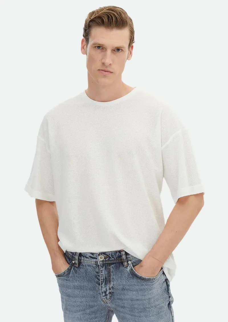 RAMSEY Ecru Jacquard Crew Neck 100% Cotton T-Shirt