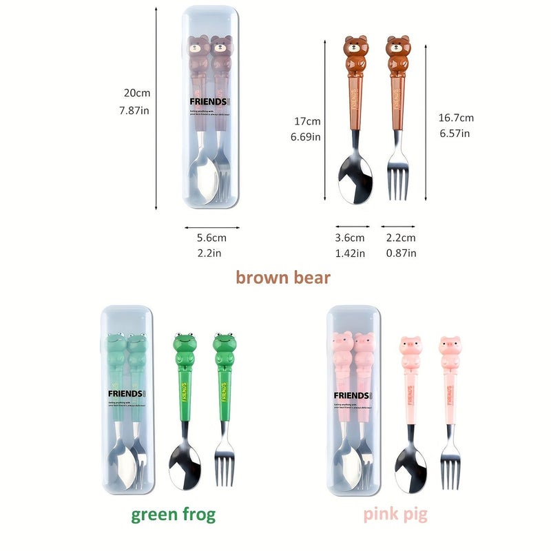 2pcs Portable Stainless Steel Cutlery Set With Green Frog Cartoon Spoon And Fork Includes Transparent Reusable Storage Case For Home School Picnics And Outdoor Camping - Image 2