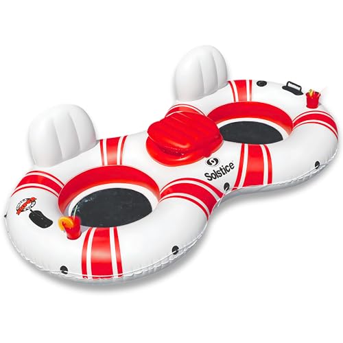 SOLSTICE Inflatable Tube Float – Heavy-Duty Material with Grab Handles for Pool, Lake & River – Compact with Backrest, Mesh Base, Cupholders & Rope – 2-Person, White & Red, 89" – Super Chill - Image 1