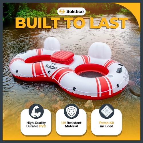 SOLSTICE Inflatable Tube Float – Heavy-Duty Material with Grab Handles for Pool, Lake & River – Compact with Backrest, Mesh Base, Cupholders & Rope – 2-Person, White & Red, 89" – Super Chill - Image 3