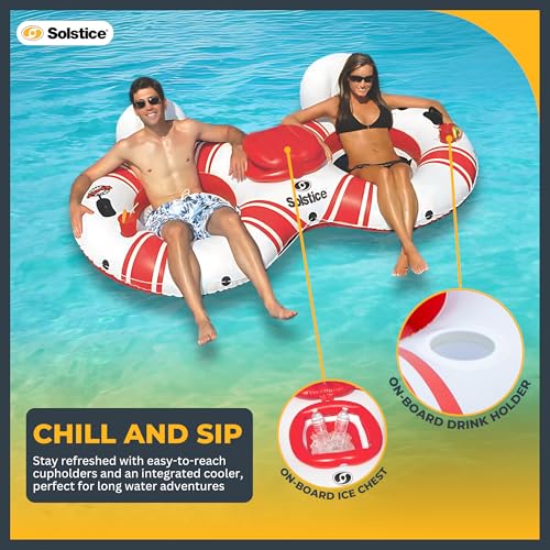 SOLSTICE Inflatable Tube Float – Heavy-Duty Material with Grab Handles for Pool, Lake & River – Compact with Backrest, Mesh Base, Cupholders & Rope – 2-Person, White & Red, 89" – Super Chill - Image 4