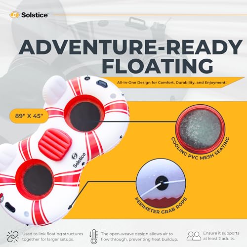 SOLSTICE Inflatable Tube Float – Heavy-Duty Material with Grab Handles for Pool, Lake & River – Compact with Backrest, Mesh Base, Cupholders & Rope – 2-Person, White & Red, 89" – Super Chill - Image 2