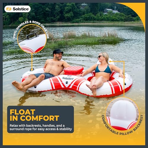 SOLSTICE Inflatable Tube Float – Heavy-Duty Material with Grab Handles for Pool, Lake & River – Compact with Backrest, Mesh Base, Cupholders & Rope – 2-Person, White & Red, 89" – Super Chill - Image 5