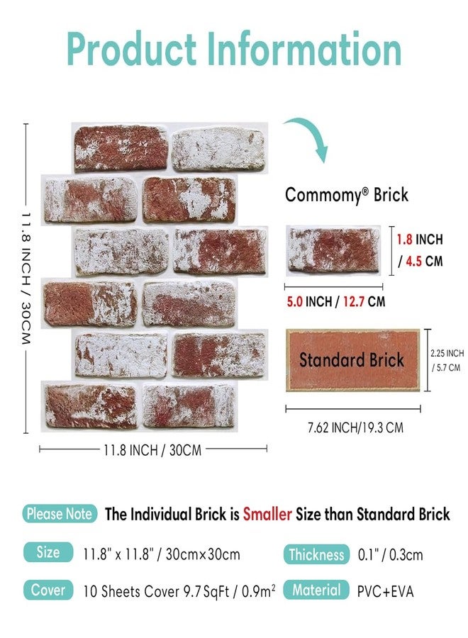 Commomy 10 Pcs 3D Brick Peel and Stick - 11.8'' x 11.8'' Small Size Ultralight PVC Red Faux Brick Wallpaper Textured Wall Paneling for Backsplash,Kitchen,Living Room,Bedroom,RV, Interior Wall Tiles - Image 5