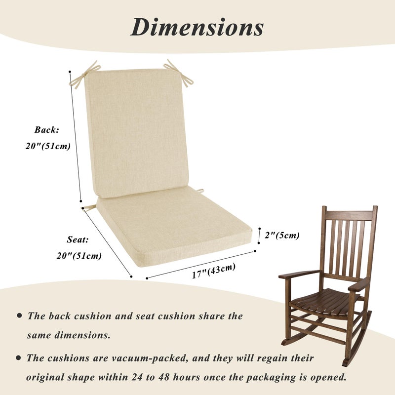 FlyGulls Rocking Chair Cushion Set with Machine Washable Cover Non-Slip Rocking Chair Cushions Indoor Seat and Back Pads with Ties 1 Pack, 2 Piece Set, 20"x 17"x 2" (Ivory) - Image 2